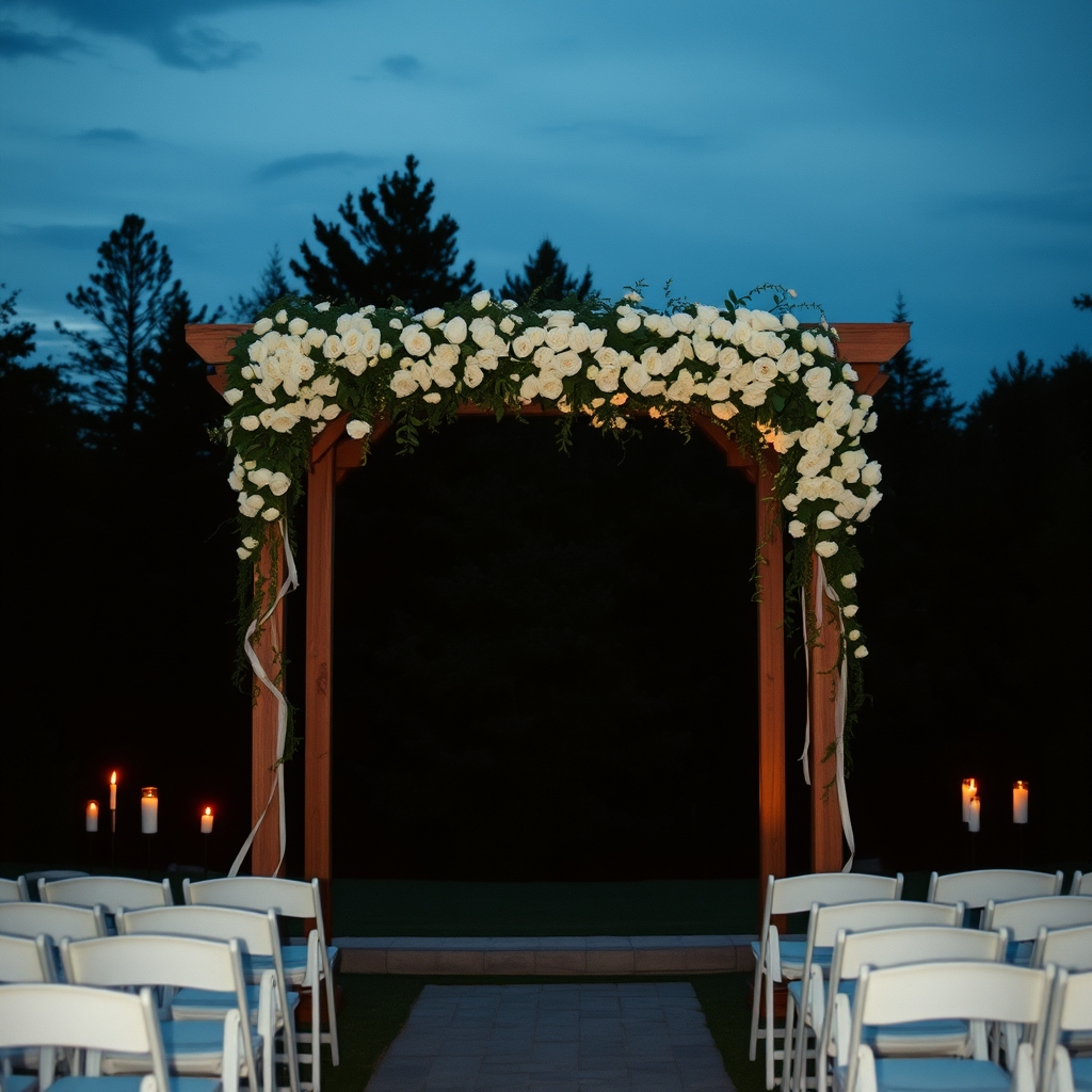 Outdoor wedding arch with white roses at twilight
