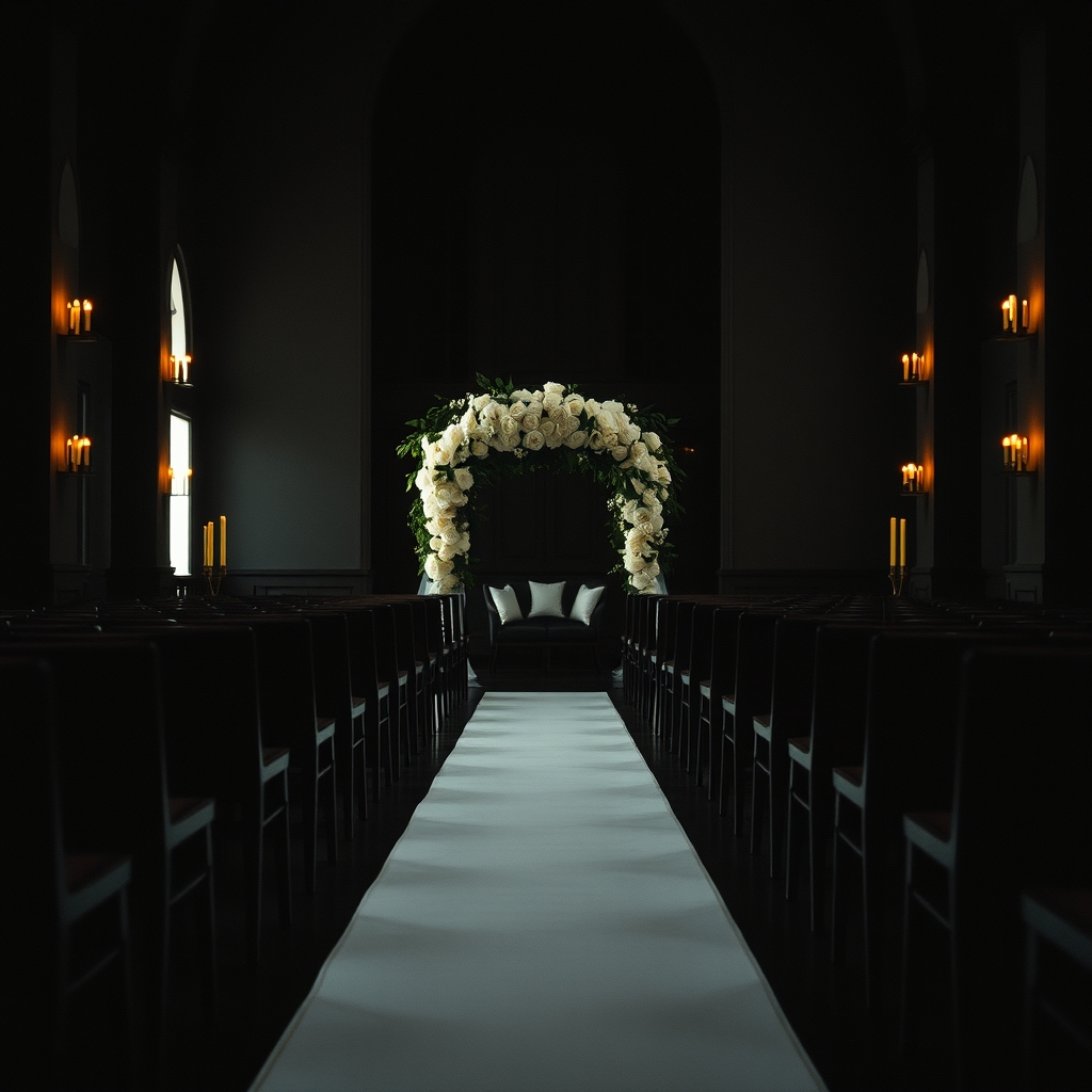 Elegant wedding ceremony aisle with floral arch