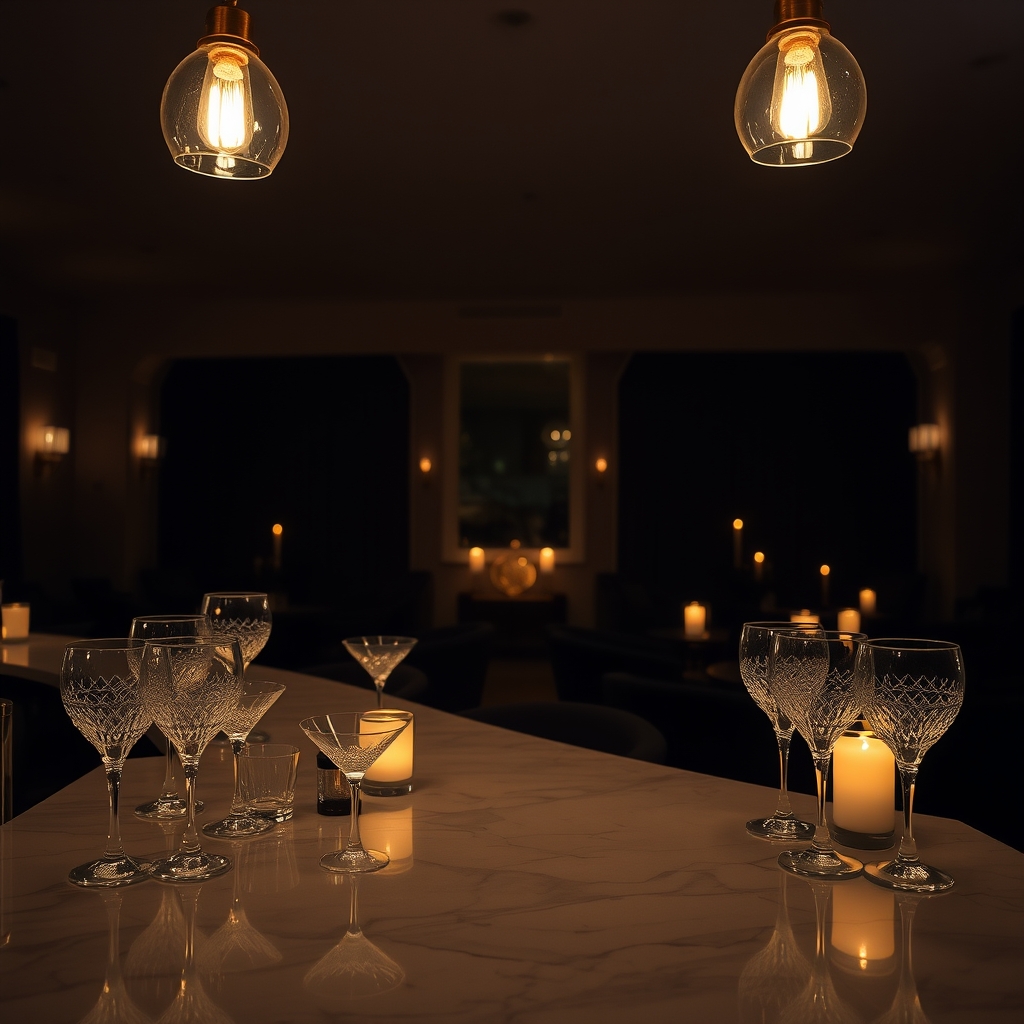 Cocktail hour space with marble bar and crystal glassware