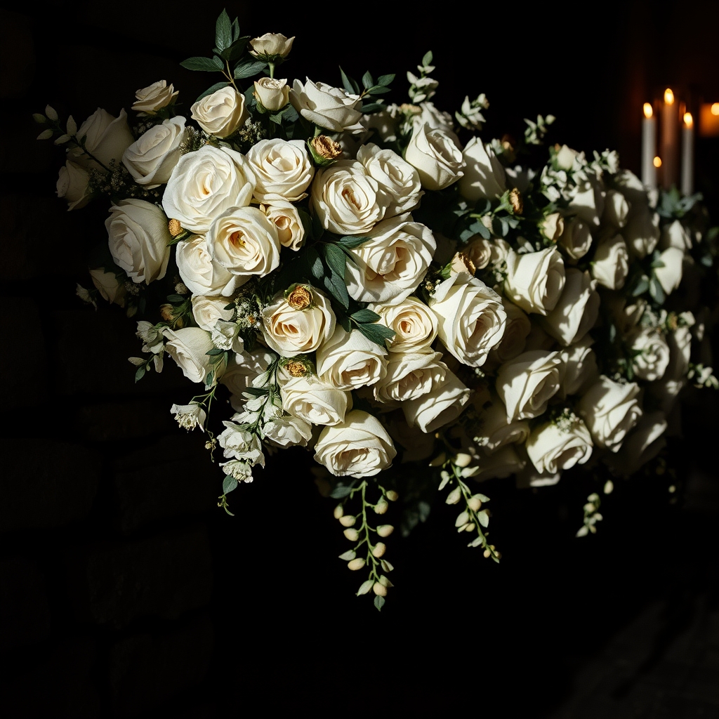 Close-up cascading floral installation of white roses, peonies, and eucalyptus on a dark stone wall.