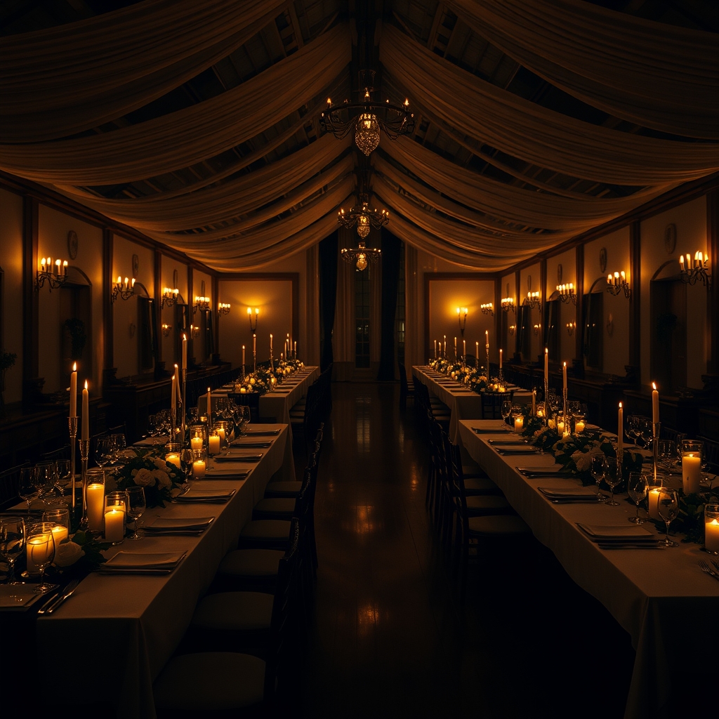Candle-lit wedding reception hall interior at dusk, empty banquet tables set with taper candles and white florals, warm golden lighting.