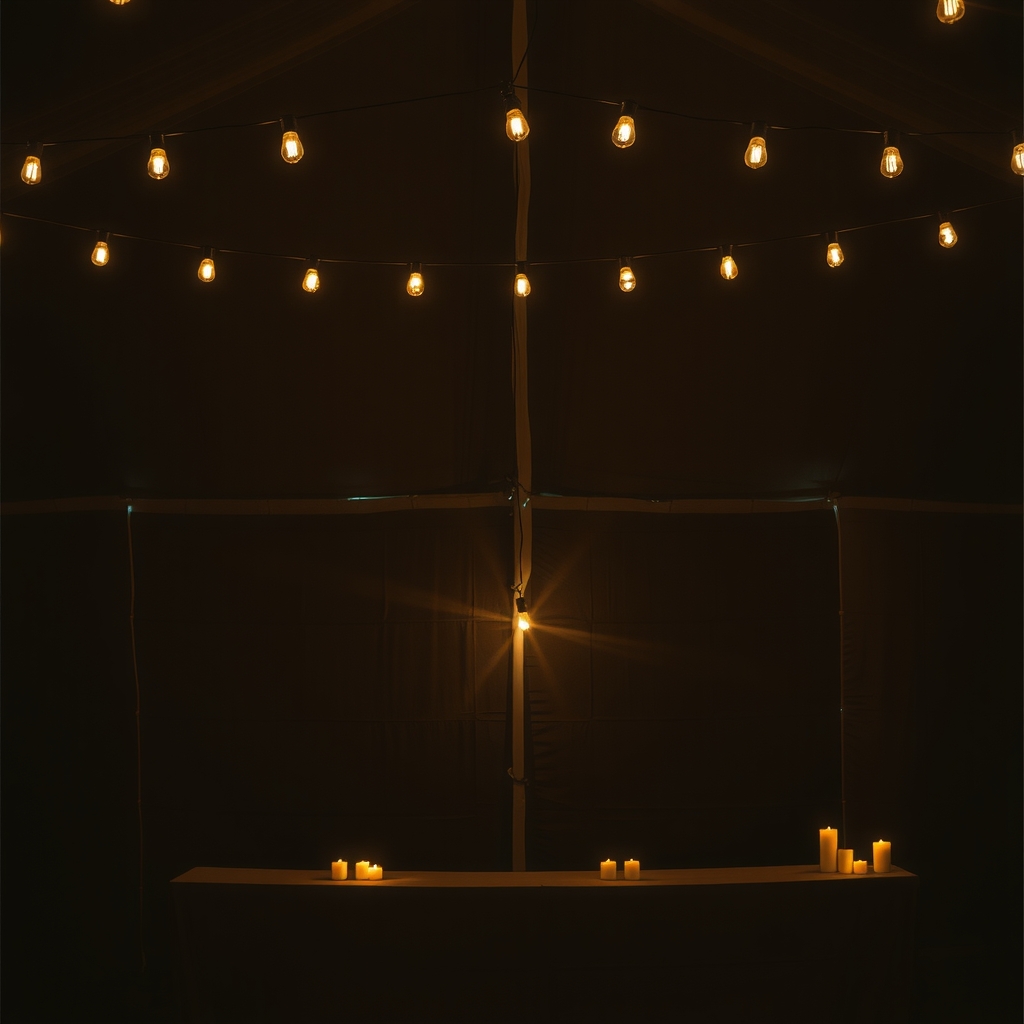Wedding tent interior with warm string bistro lights