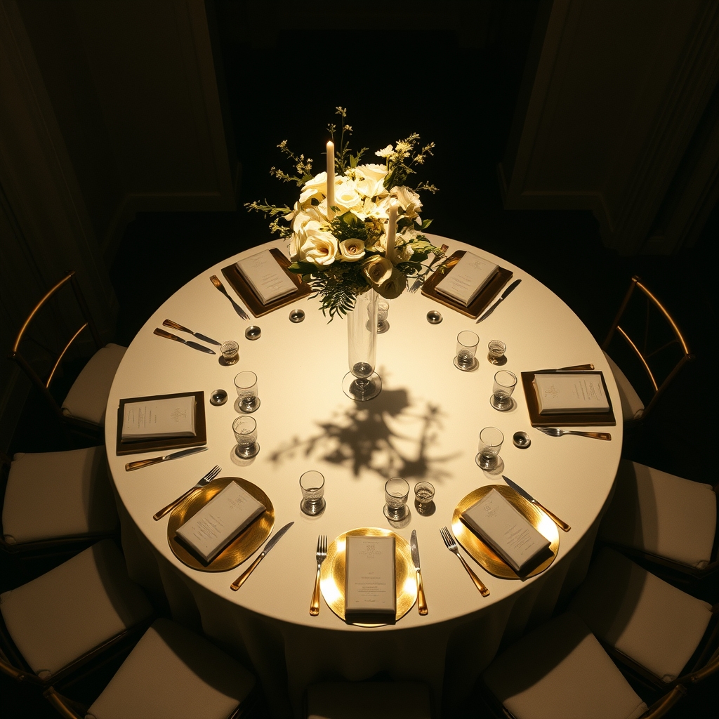 Overhead view of a round wedding reception table with ivory linen, gold-rimmed chargers, tall floral centerpiece, and candles.