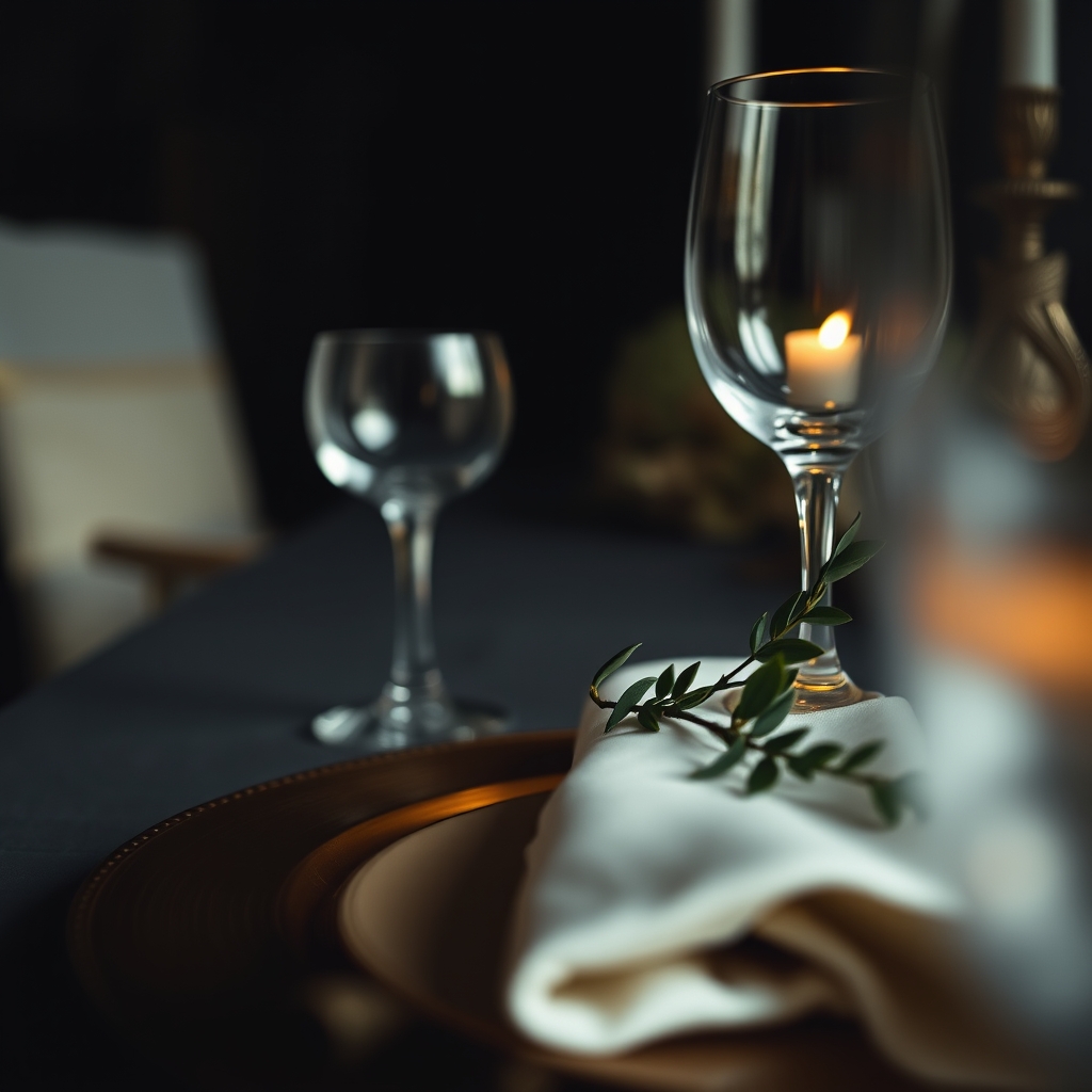 Wedding tablescape detail with crystal glassware and eucalyptus